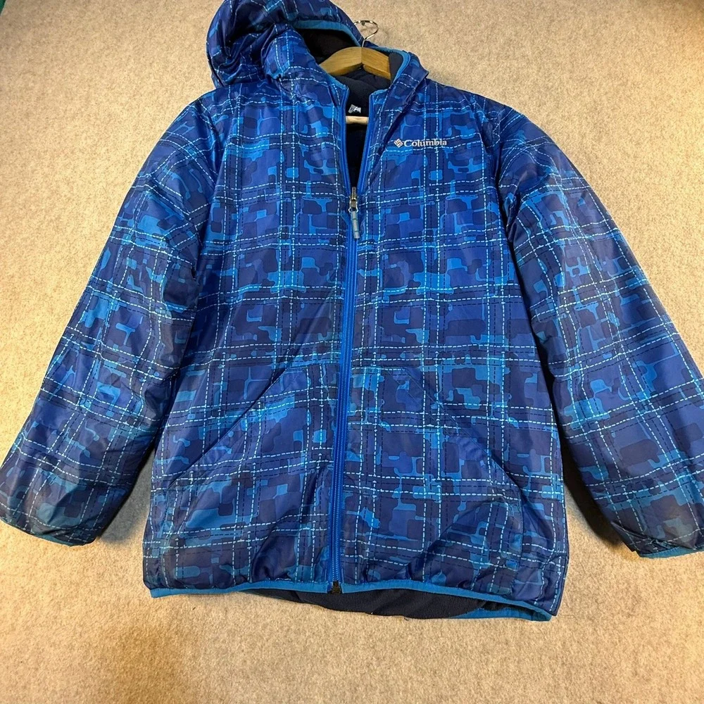 Columbia Boys Reversible Puffer Jacket Blue Camo Grid Fleece Hooded Full Zip
